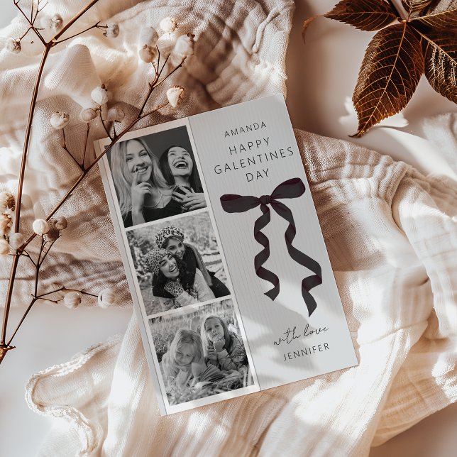 Trendy Bow 3 Photo Galentines Day Card (Creator Uploaded)