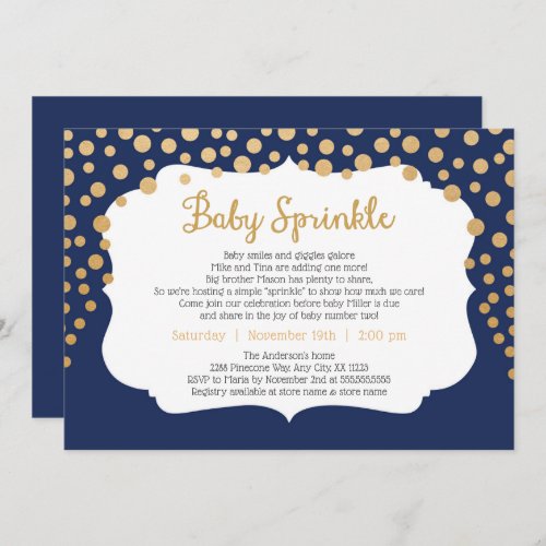 Trendy boy baby sprinkle invitations navy gold invitation