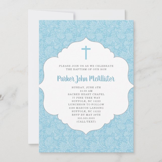 Trendy Boy Baptism invitation, blue damask Invitation (Front)