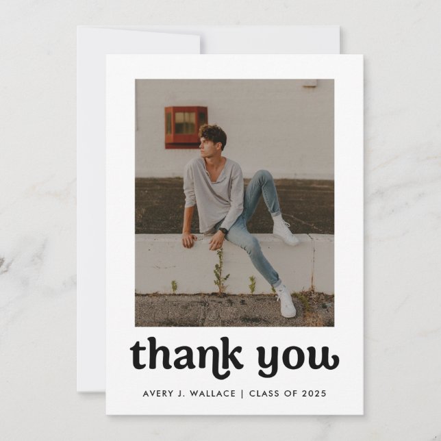 Trendy Boy Graduation Photo Minimal Editable Thank You Card (Front)