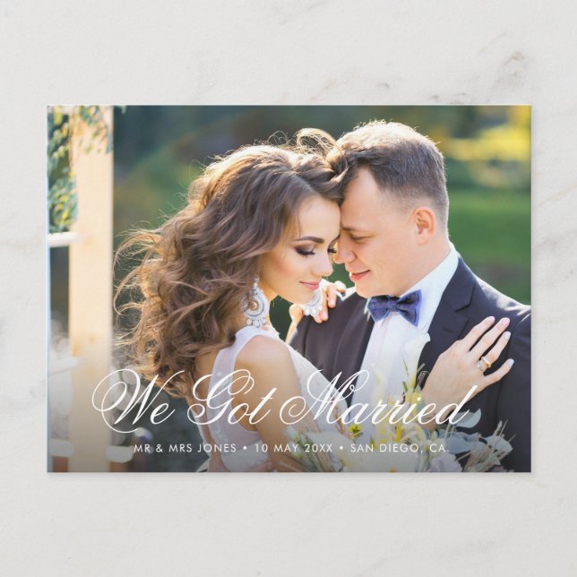 Trendy bride & groom photo wedding Announcement Postcard (Front)