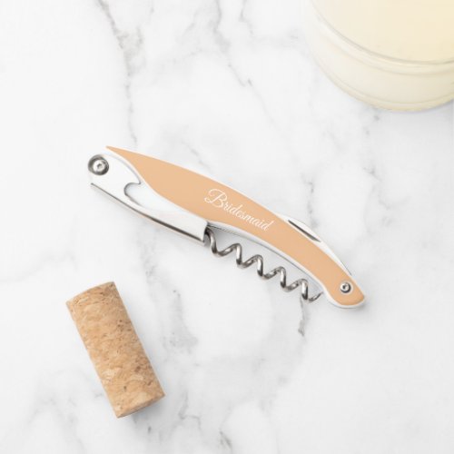 Trendy Bridesmaid Name on Peach Colored Waiters Corkscrew