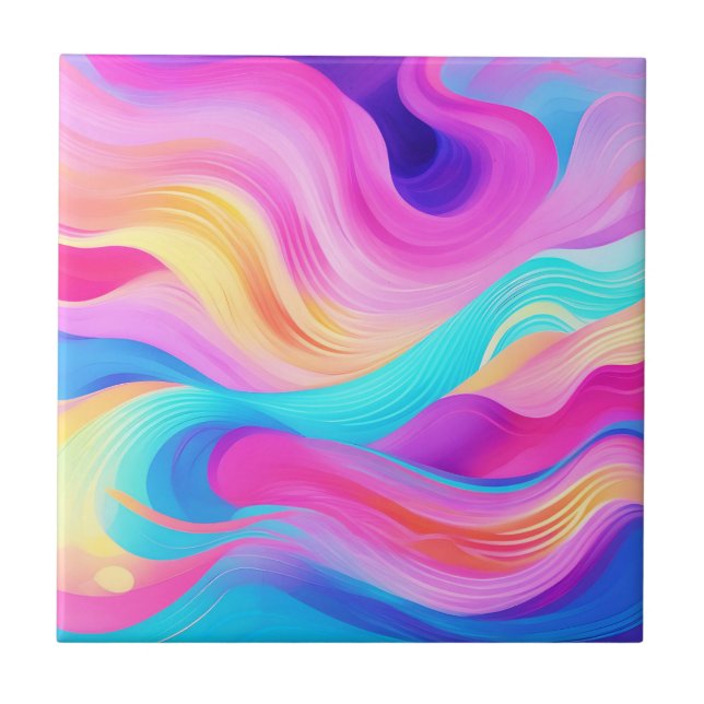 Trendy Bright Blue Pink Yellow Abstract Pattern  Ceramic Tile (Front)