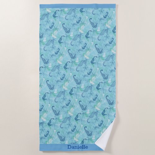 Trendy Bright Blue Sea Life Beach Towel