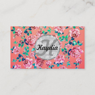 Trendy Bright Girly Pink Vintage Floral Monogram Business Card