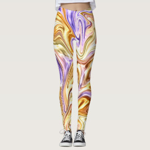 Trendy Bright Gold Purple Waves Abstract Pattern Leggings