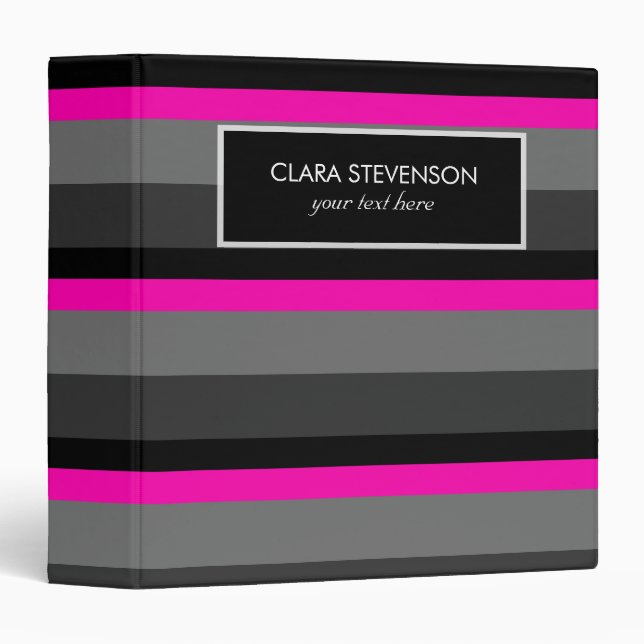 trendy bright neon pink black and grey striped binder (Front/Spine)