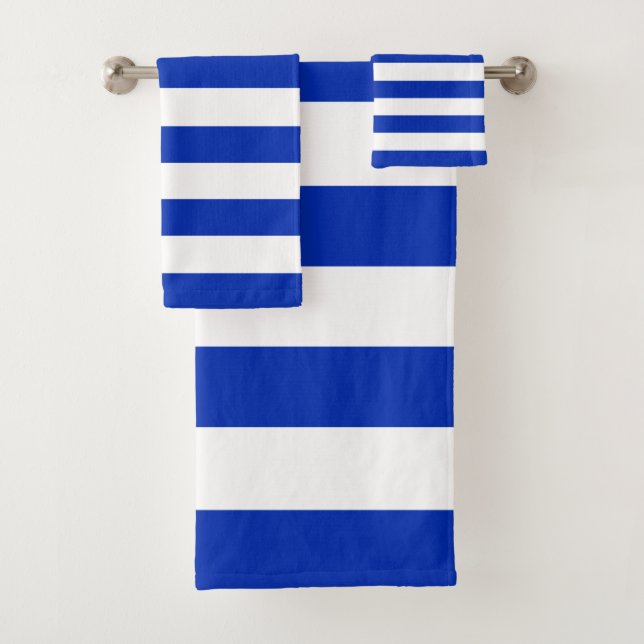 Trendy Bright Summer Primary Blue Stripes Bath Towel Set (Insitu)