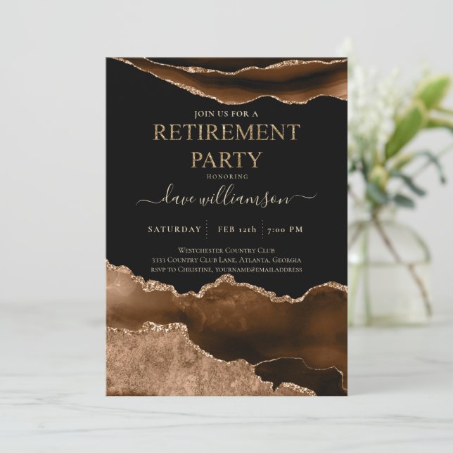 Trendy Brown Agate Gemstone Retirement Party  Invi Invitation (Standing Front)