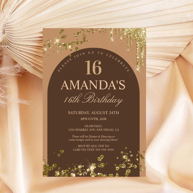 Trendy Brown and Gold Faux Glitter Drip Birthday Invitation (Creator Uploaded)