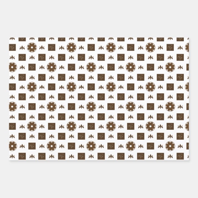 Trendy Brown and White Checkered Pattern Wrapping Paper Sheets (Front)