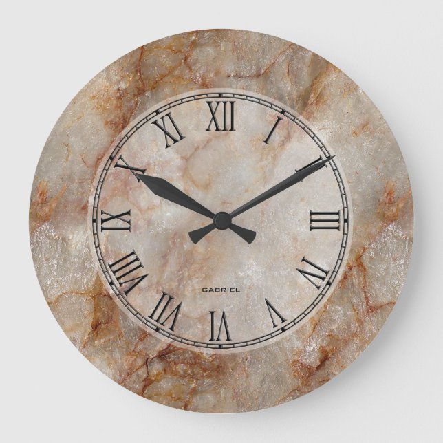 Trendy Brown Faux Marble Stone Pattern Large Clock (Front)