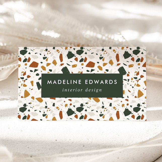 Trendy Brown Gold & Green Terrazzo Business Card (Creator Uploaded)