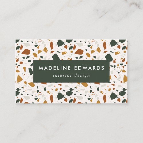 Trendy Brown Gold  Green Terrazzo Business Card