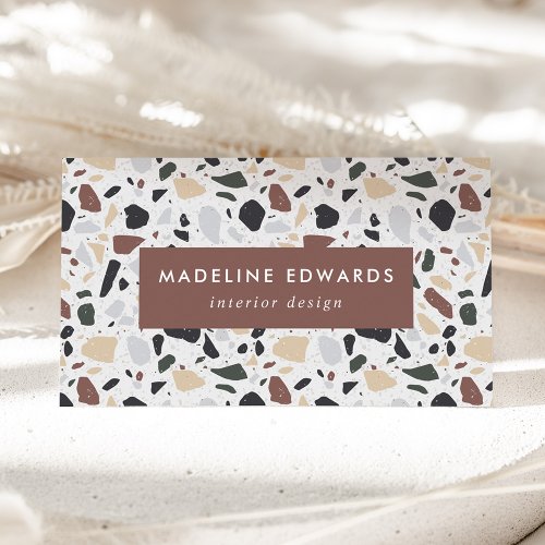 Trendy Brown Green  Gold Terrazzo Business Card