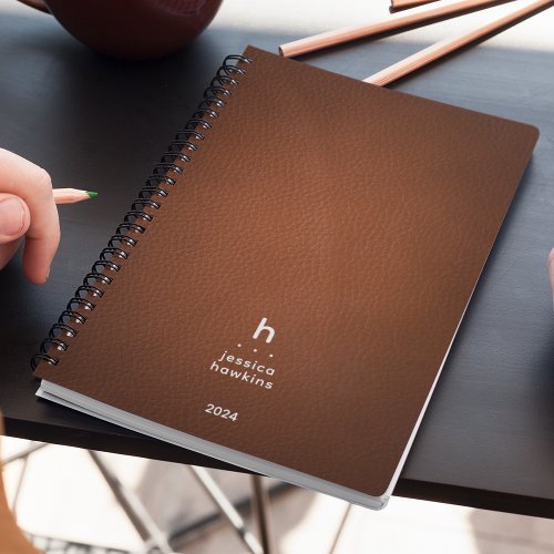 Trendy Brown Leather Modern Monogram Weekly Planner