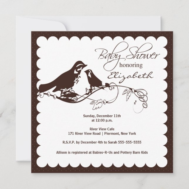 Trendy Brown Mom & Baby Bird Baby Shower Invitation (Front)