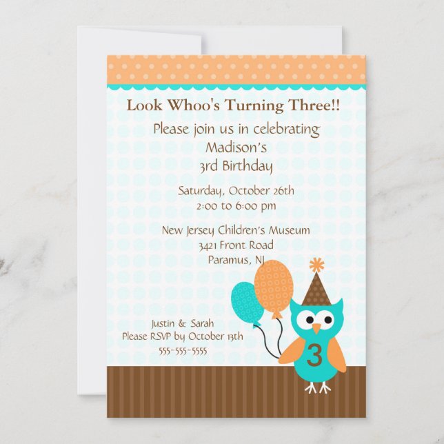 Trendy Brown Party Owl Birthday Invitation (Front)