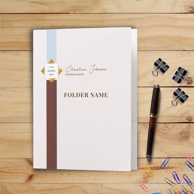 Trendy Brown Stripes Gold Logo Pocket Folder (Creator Uploaded)
