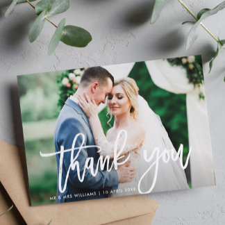 trendy brush lettering wedding thank you card
