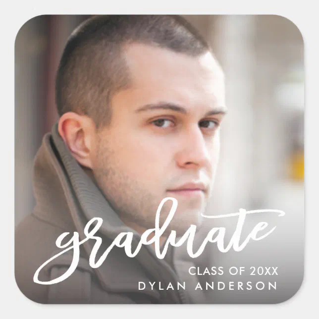 Trendy Brush Script Photo Graduate Graduation Square Sticker | Zazzle