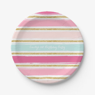 Trendy Brush Stripes Gold Glitter Paper Plates