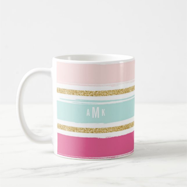 Trendy Brush Stripes with Gold Glitter Monogram I Coffee Mug (Left)