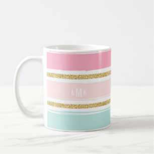 Trendy Brush Stripes with Gold Glitter Monogram II Coffee Mug