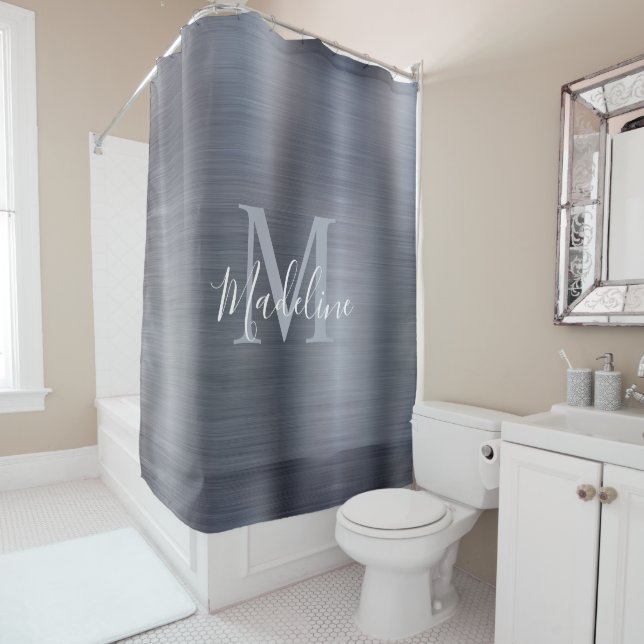 Trendy Brushed Metal Black Silver Gray Monogram Shower Curtain (In Situ)
