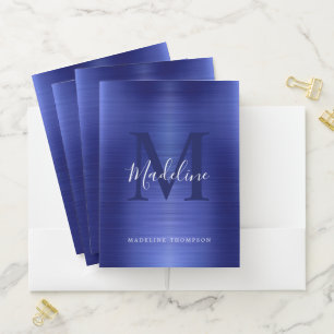 Trendy Brushed Metallic Blue Monogram Pocket Folder