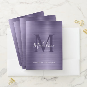 Trendy Brushed Metallic Purple Monogram Pocket Folder