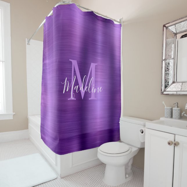 Trendy Brushed Metallic Purple Script Monogram Shower Curtain (In Situ)