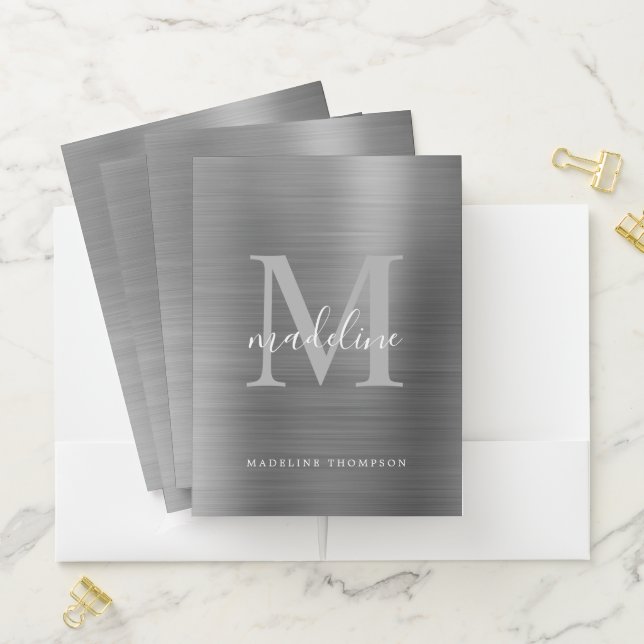Trendy Brushed Metallic Silver Gray Monogram Pocket Folder (In Situ)