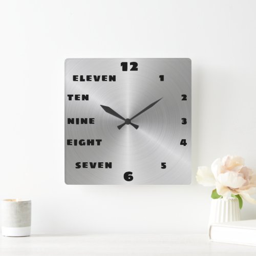 Trendy Brushed Steel Black Letter Number Face Square Wall Clock