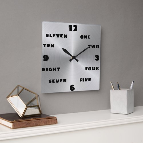 Trendy Brushed Steel Black Word Numeral Face  Square Wall Clock