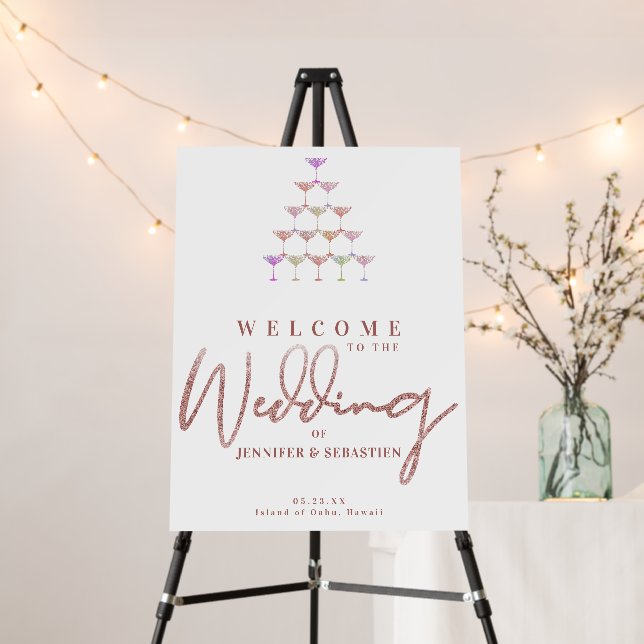 Trendy Budget Champagne Tower Wedding Welcome Sign (In Situ (Stand))