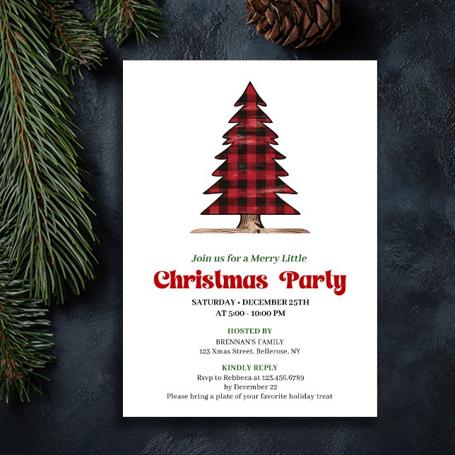 Trendy Buffalo Check Christmas Tree Celebration Invitation (Trendy Buffalo Check Christmas Tree Celebration Invitation)