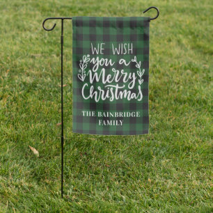 Trendy Buffalo Plaid Typography Name Christmas Garden Flag