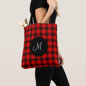 Trendy Buffalo Red Black Plaid monogram Tote Bag