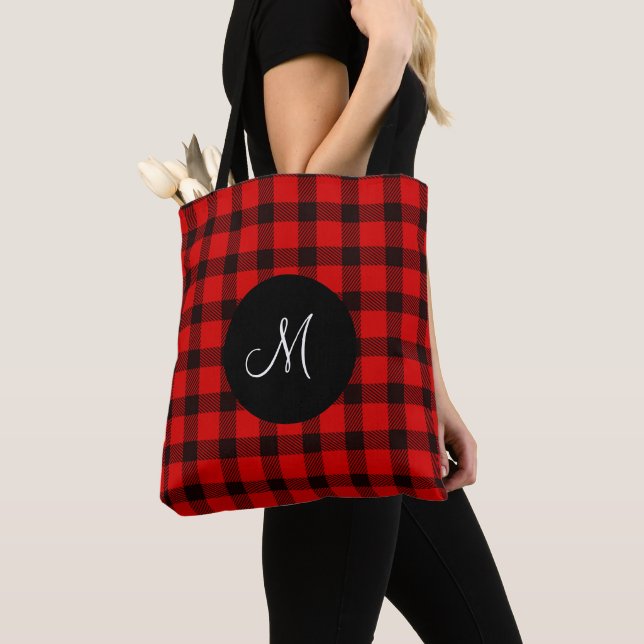 Trendy Buffalo Red Black Plaid monogram Tote Bag (Close Up)