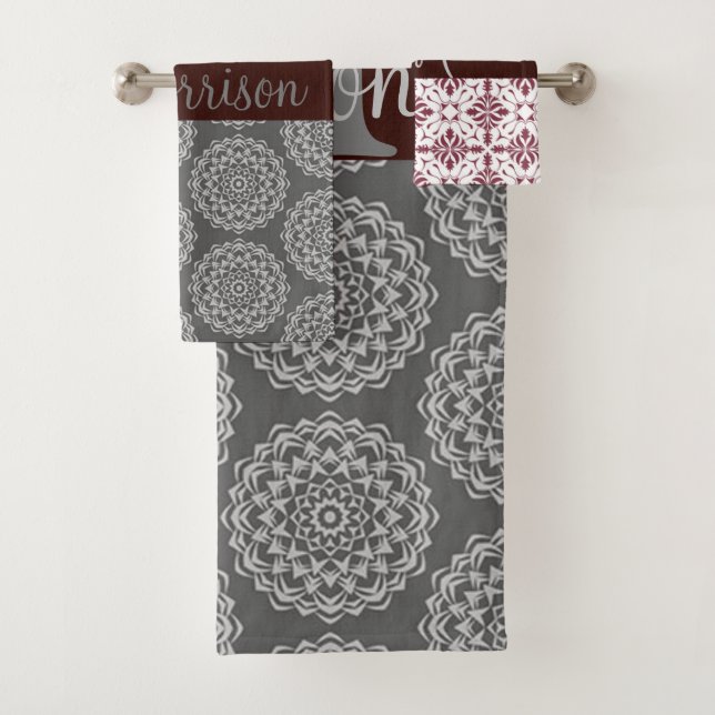 Trendy Burgundy and Grey Damask Monogram Bath Towel Set (Insitu)
