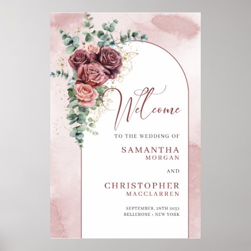 Trendy burgundy blush floral gold Wedding Welcome Poster