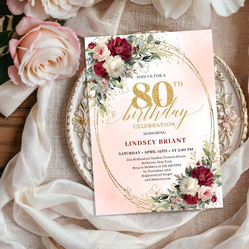 Trendy Burgundy Boho Chic 80th Birthday Invitation