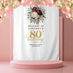 Trendy Burgundy Floral 80th Birthday Backdrop