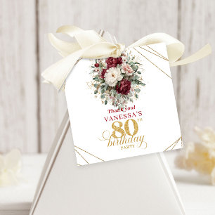Trendy Burgundy Floral 80th Birthday Favor Tags