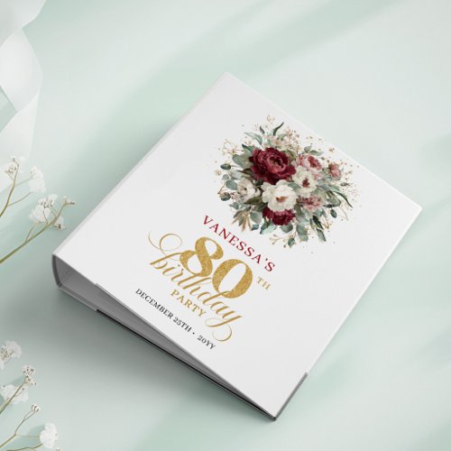 Trendy Burgundy Floral 80th Birthday Memory Album 3 Ring Binder