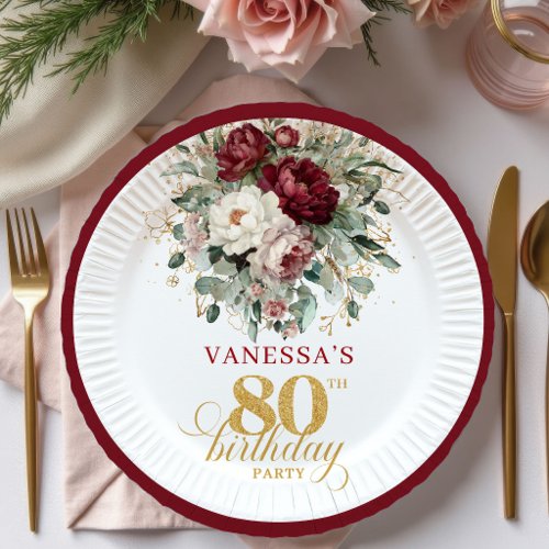 Trendy Burgundy Floral 80th Birthday Paper Plates