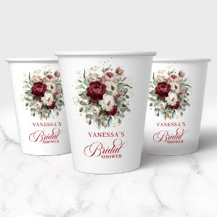 Trendy Burgundy Floral Bridal Shower Paper Cups