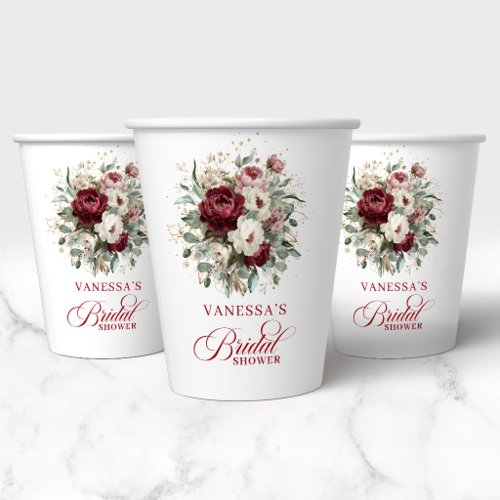 Trendy Burgundy Floral Bridal Shower Paper Cups