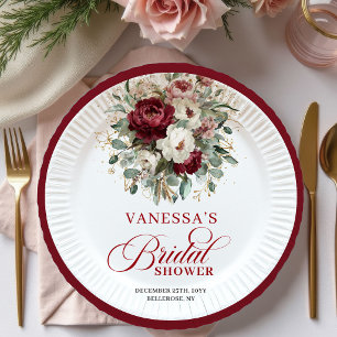 Trendy Burgundy Floral Bridal Shower Paper Plates